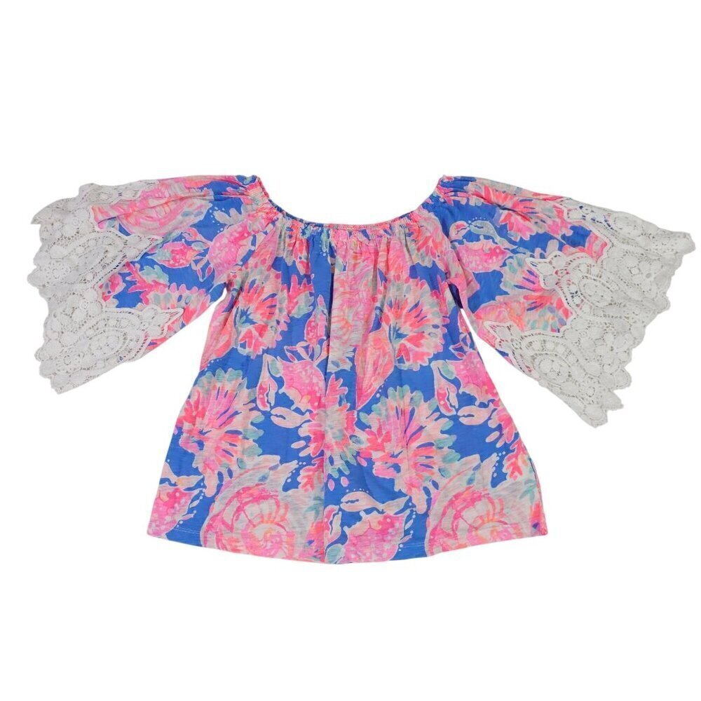 Lilly Pulitzer Womens XS Floral Print Off-Shoulder Top With Lace Bell Sleeves